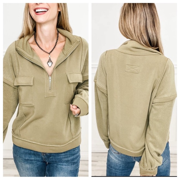 Very J Tops - NWT Jacket Sweatshirt Quarter-Zip Henley Large Olive Green